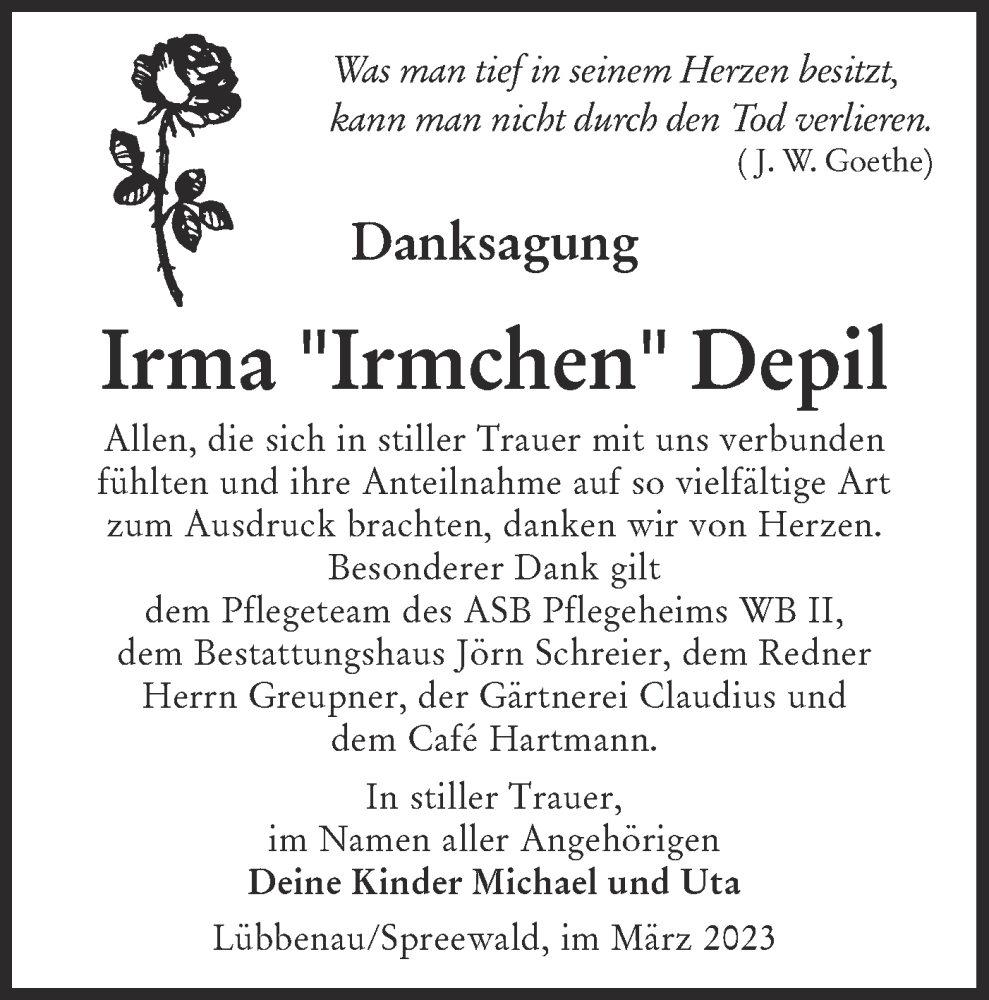  Traueranzeige für Irma Depil vom 18.03.2023 aus Lausitzer Rundschau