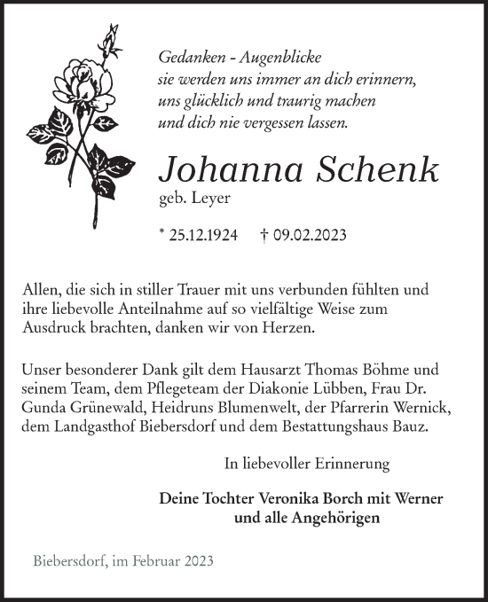 Traueranzeige von Johanna Schenk von Lausitzer Rundschau