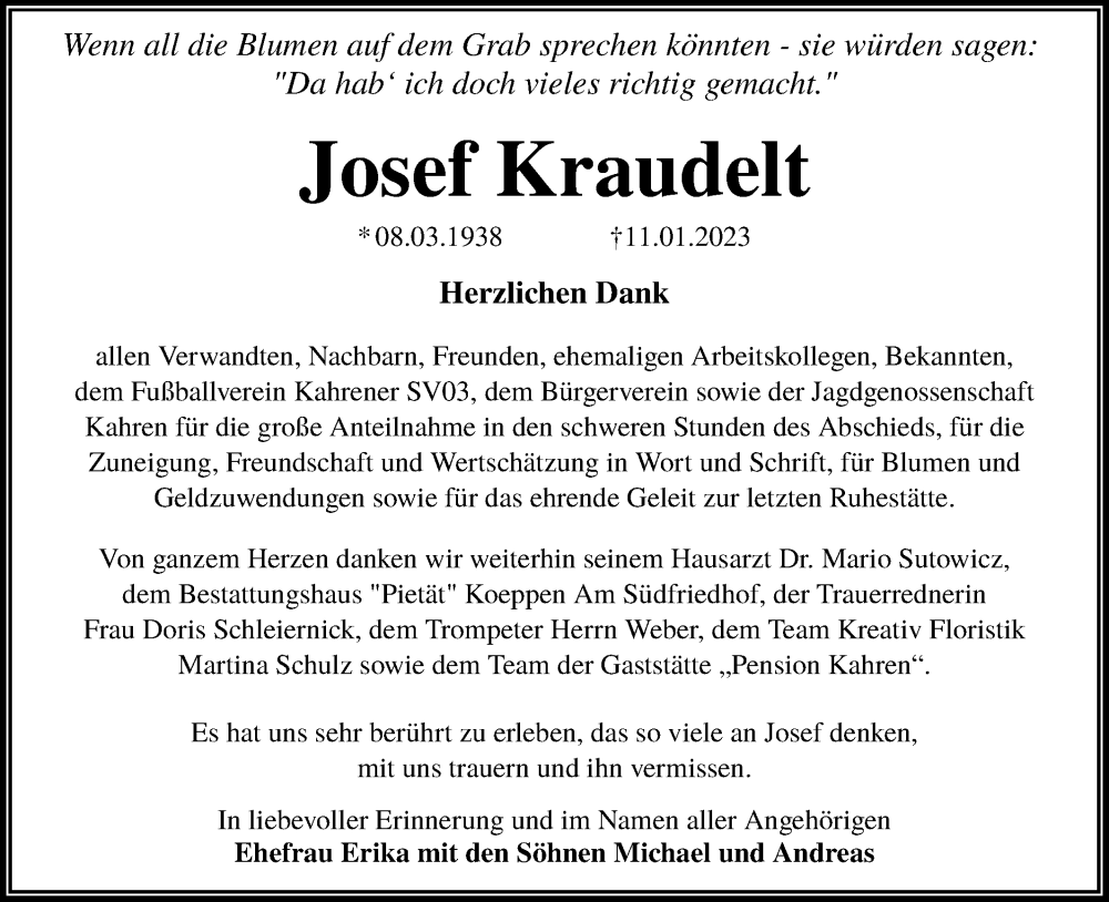  Traueranzeige für Josef Kraudelt vom 11.03.2023 aus Lausitzer Rundschau