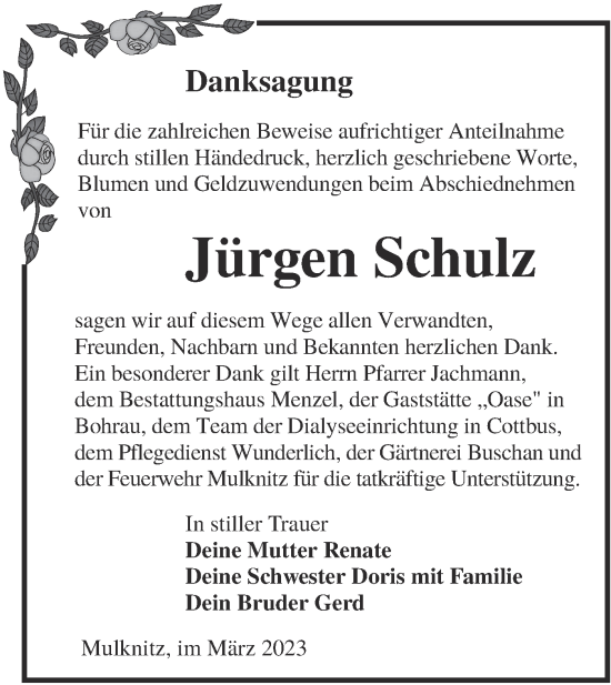 Traueranzeige von Jürgen Schulz von Lausitzer Rundschau