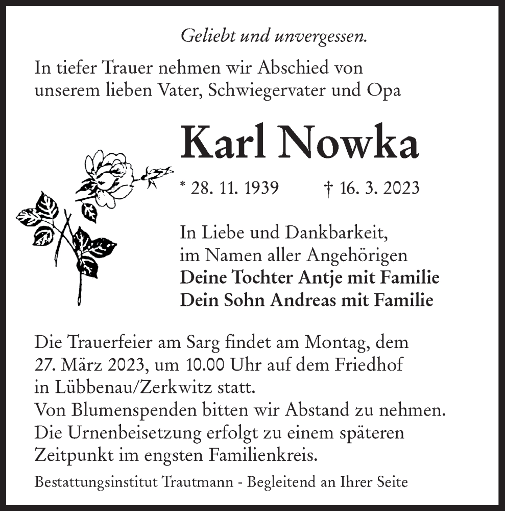  Traueranzeige für Karl Nowka vom 22.03.2023 aus Lausitzer Rundschau