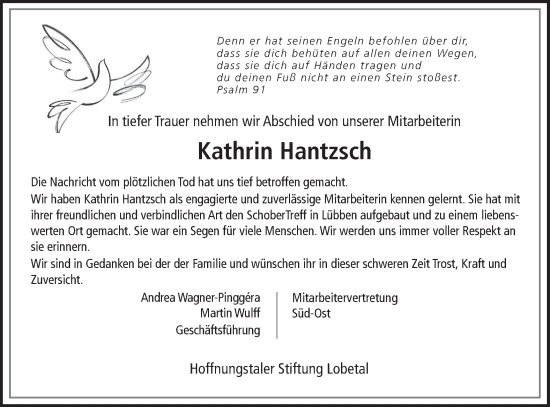 Traueranzeige von Kathrin Hantzsch von Lausitzer Rundschau