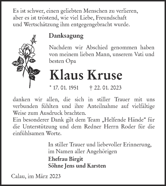 Traueranzeige von Klaus Kruse von Lausitzer Rundschau