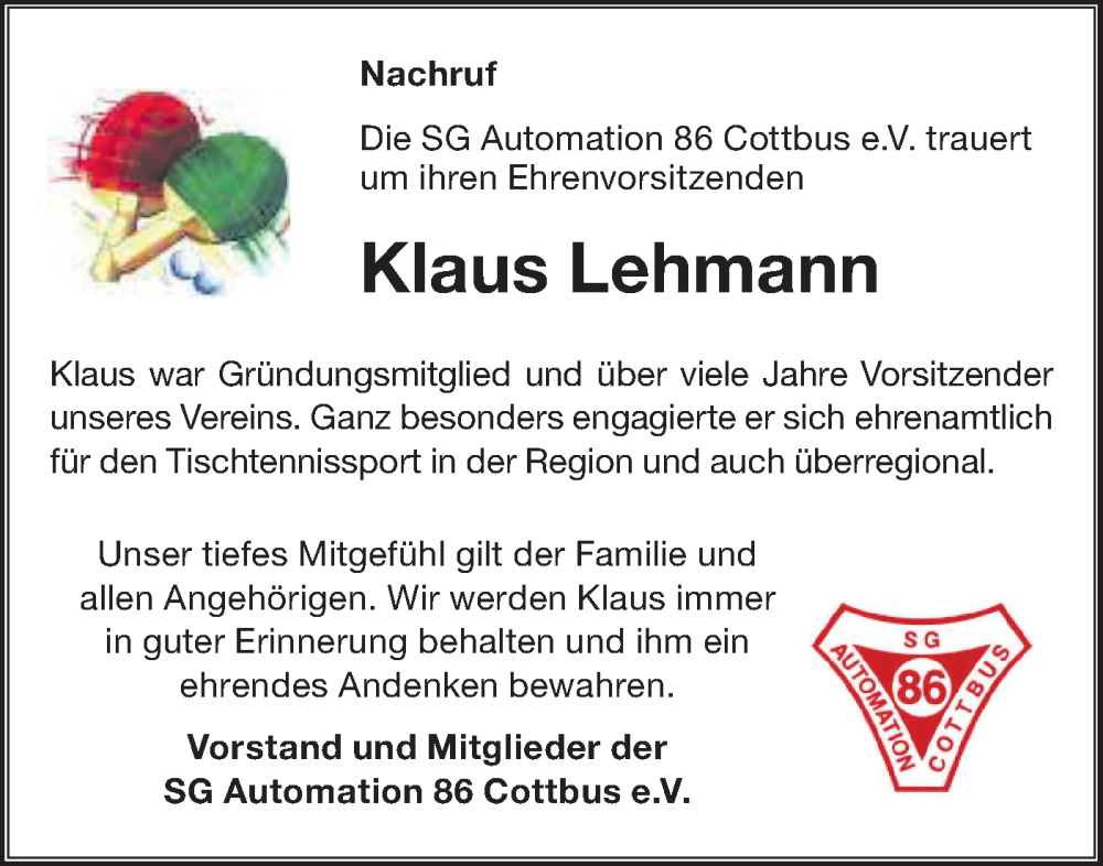  Traueranzeige für Klaus Lehmann vom 25.03.2023 aus Lausitzer Rundschau