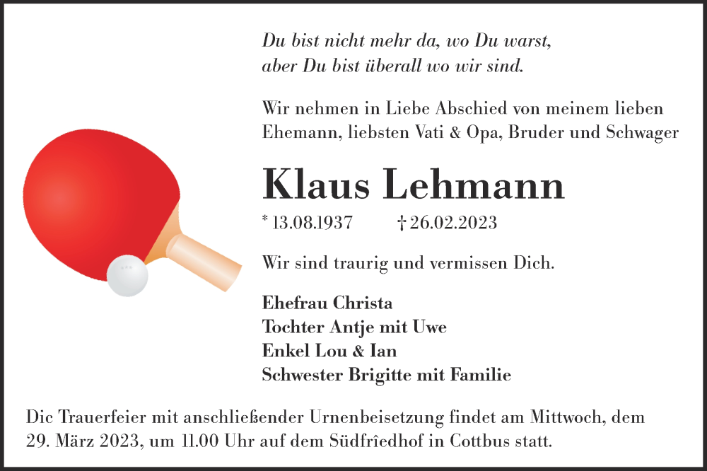  Traueranzeige für Klaus Lehmann vom 11.03.2023 aus Lausitzer Rundschau