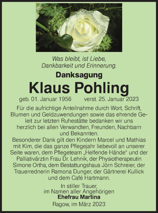 Traueranzeige von Klaus Pohling von Lausitzer Rundschau