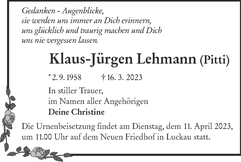 Traueranzeige für Klaus Jürgen Lehmann vom 25.03.2023 aus Lausitzer Rundschau