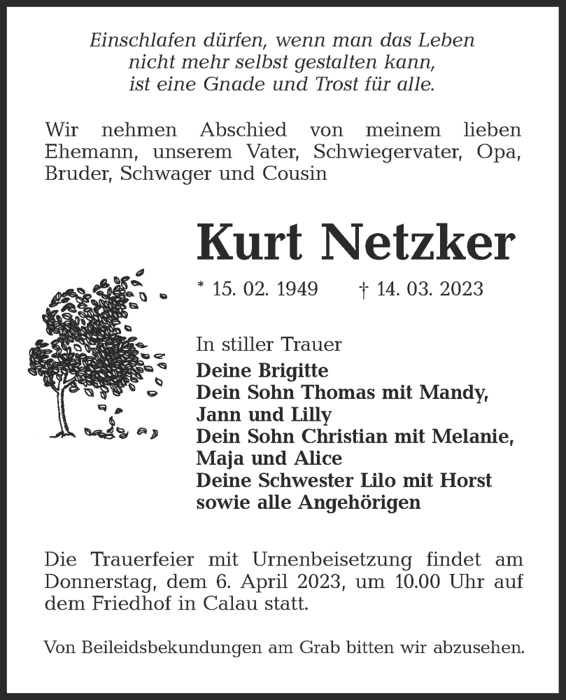  Traueranzeige für Kurt Netzker vom 25.03.2023 aus Lausitzer Rundschau
