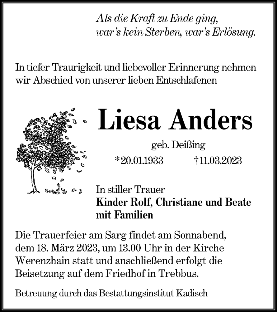  Traueranzeige für Liesa Anders vom 15.03.2023 aus Lausitzer Rundschau