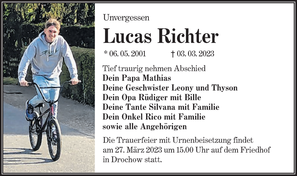  Traueranzeige für Lucas Richter vom 18.03.2023 aus Lausitzer Rundschau
