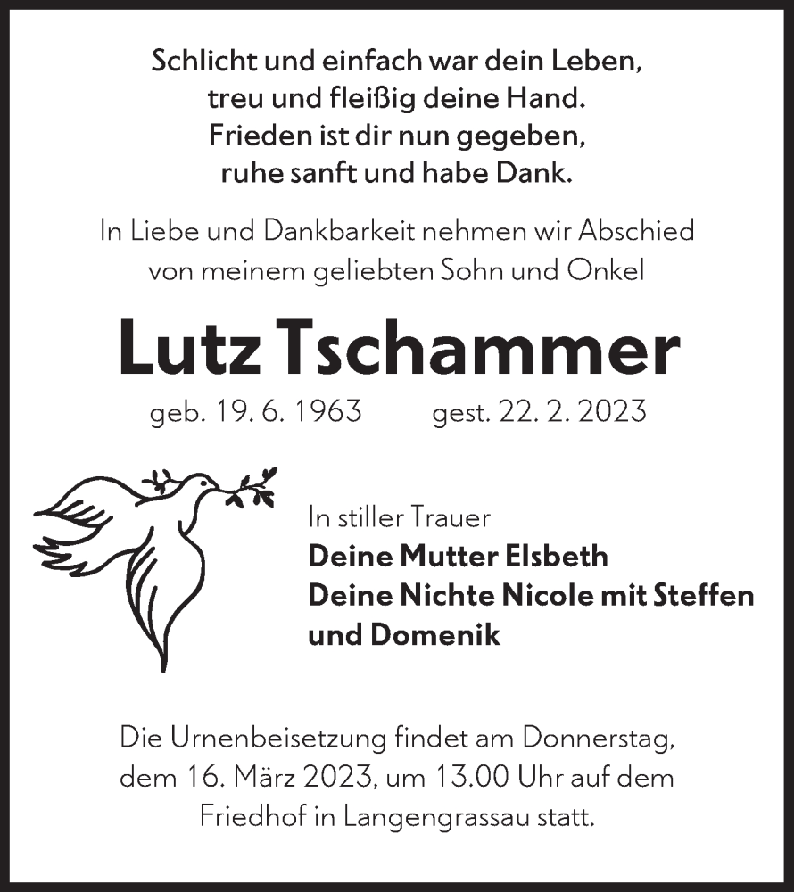  Traueranzeige für Lutz Tschammer vom 04.03.2023 aus Lausitzer Rundschau
