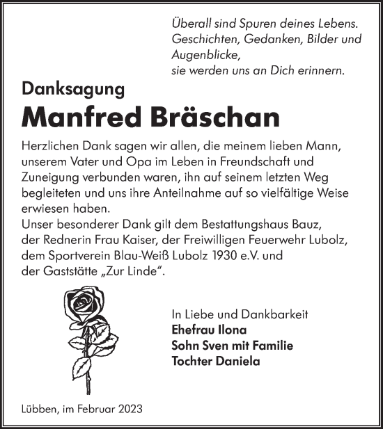 Traueranzeige von Manfred Bräschan von Lausitzer Rundschau