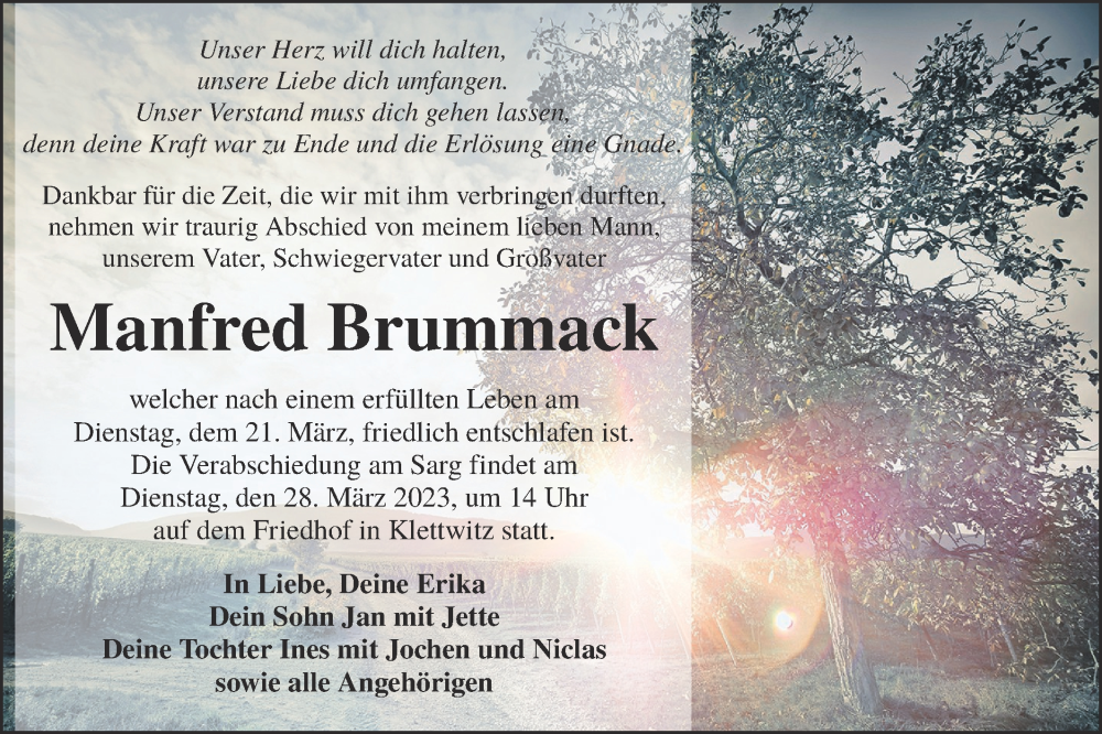  Traueranzeige für Manfred Brummack vom 25.03.2023 aus Lausitzer Rundschau