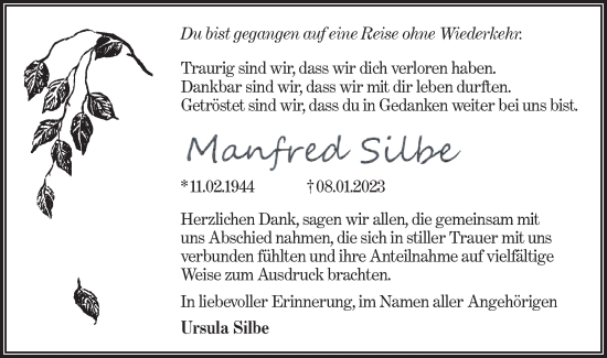 Traueranzeige von Manfred Silbe von Lausitzer Rundschau