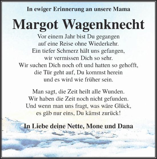 Traueranzeige von Margot Wagenknecht von Lausitzer Rundschau