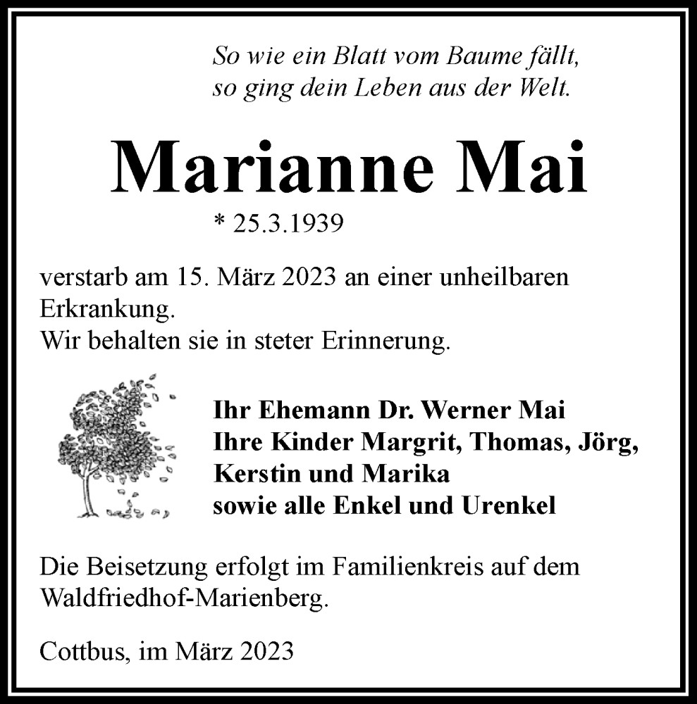  Traueranzeige für Marianne Mai vom 22.03.2023 aus Lausitzer Rundschau