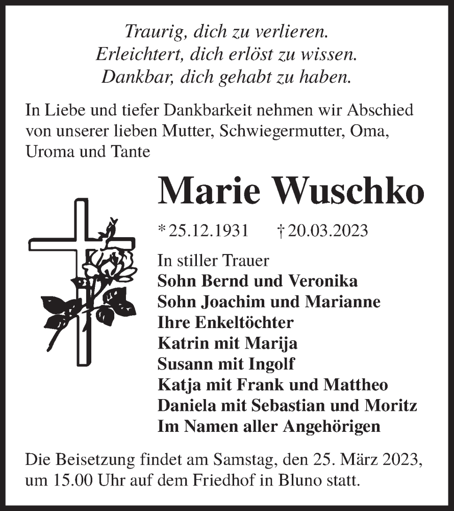  Traueranzeige für Marie Wuschko vom 23.03.2023 aus Lausitzer Rundschau