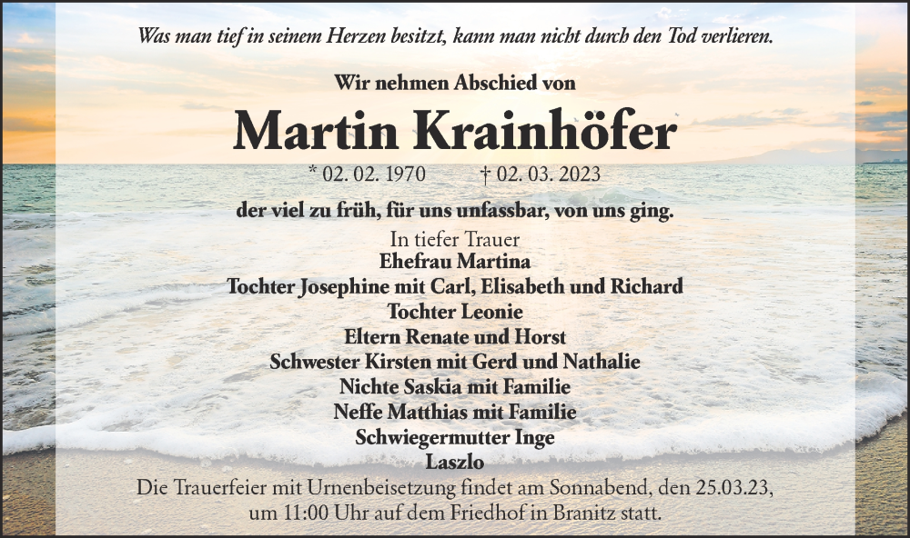  Traueranzeige für Martin Krainhöfer vom 18.03.2023 aus Lausitzer Rundschau