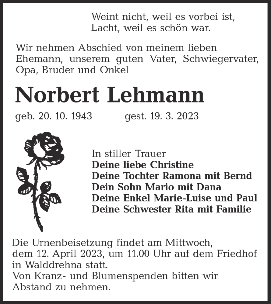  Traueranzeige für Norbert Lehmann vom 25.03.2023 aus Lausitzer Rundschau