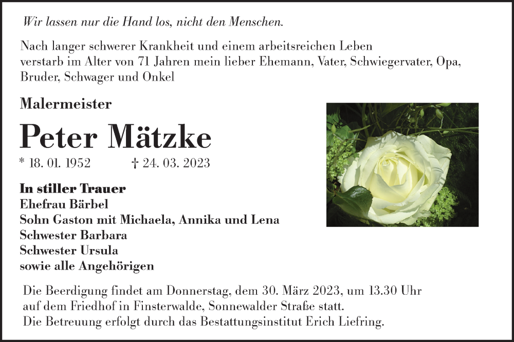  Traueranzeige für Peter Mätzke vom 25.03.2023 aus Lausitzer Rundschau