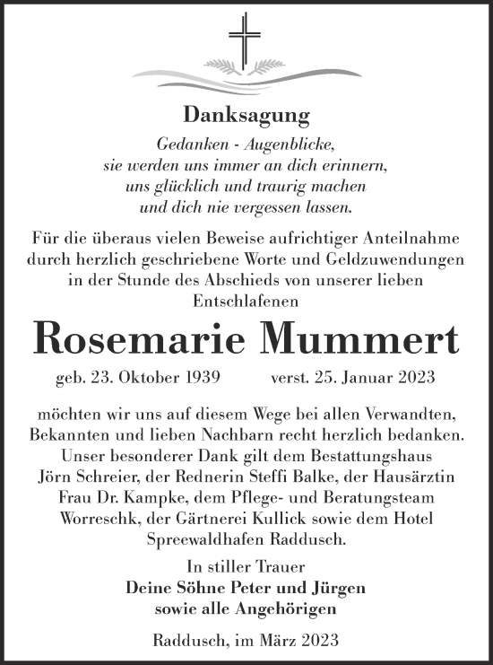 Traueranzeige von Rosemarie Mummert von Lausitzer Rundschau