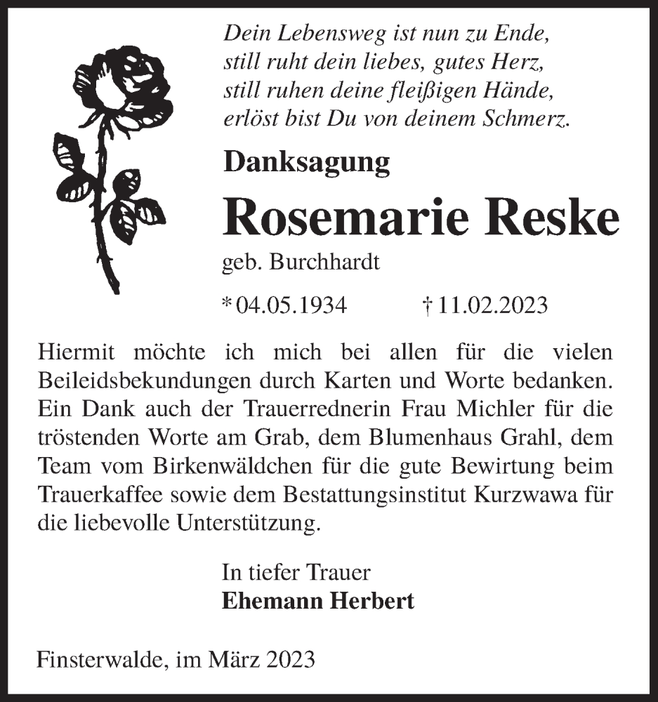  Traueranzeige für Rosemarie Reske vom 22.03.2023 aus Lausitzer Rundschau