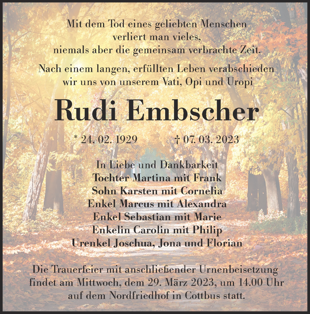  Traueranzeige für Rudi Embscher vom 18.03.2023 aus Lausitzer Rundschau