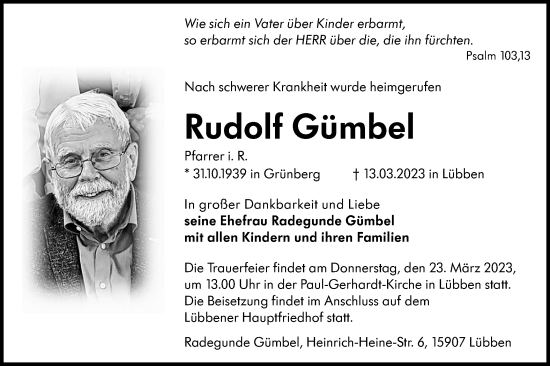 Traueranzeige von Rudolf Gümbel von Lausitzer Rundschau