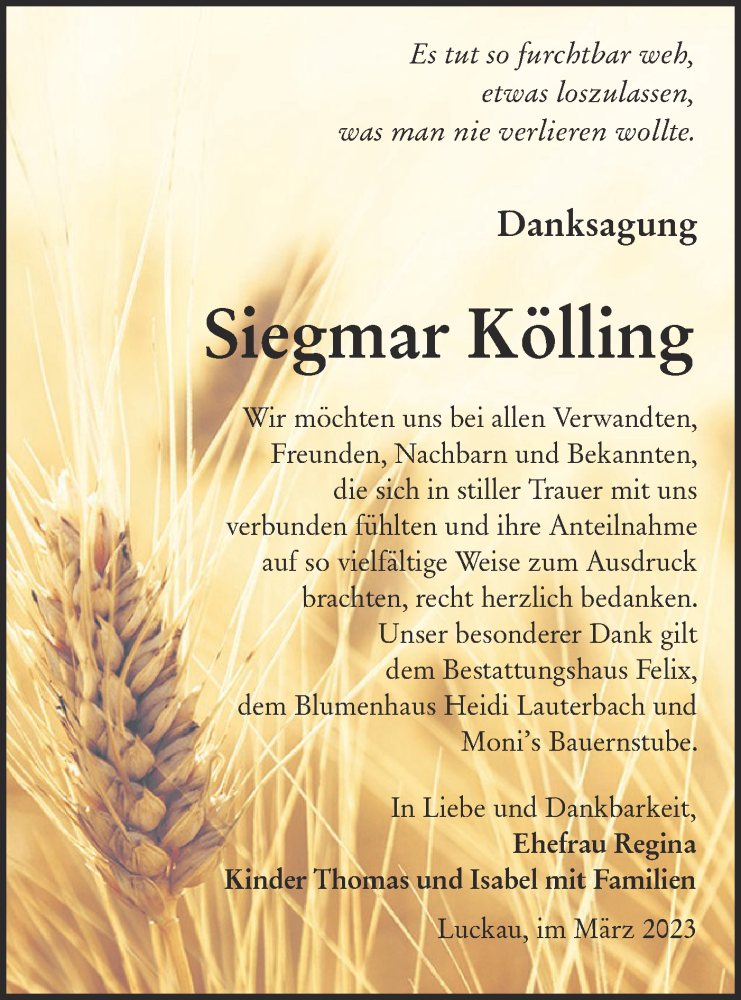  Traueranzeige für Siegmar Kölling vom 18.03.2023 aus Lausitzer Rundschau