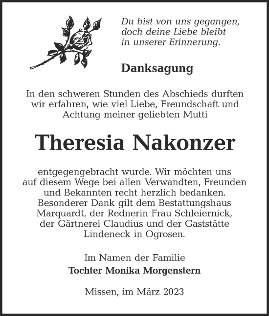 Traueranzeige von Theresia Nakonzer von Lausitzer Rundschau