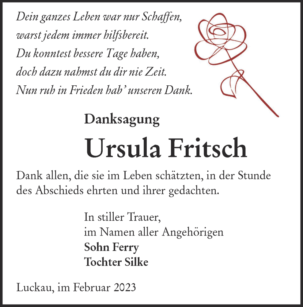  Traueranzeige für Ursula Fritsch vom 11.03.2023 aus Lausitzer Rundschau