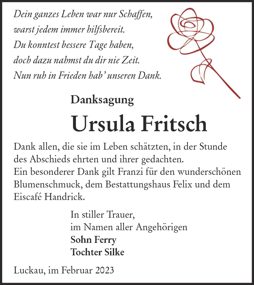  Traueranzeige für Ursula Fritsch vom 18.03.2023 aus Lausitzer Rundschau