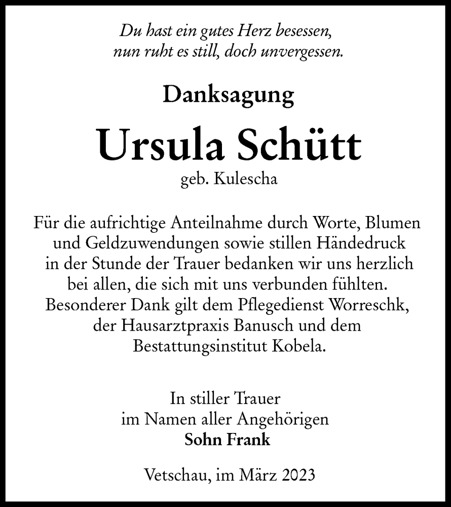  Traueranzeige für Ursula Schütt vom 18.03.2023 aus Lausitzer Rundschau