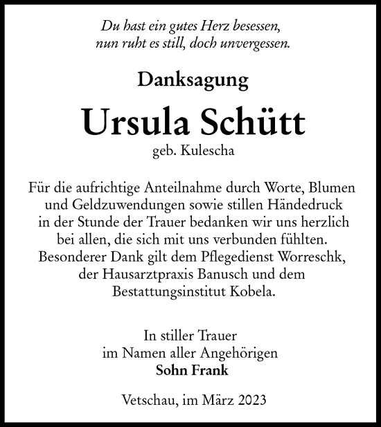 Traueranzeige von Ursula Schütt von Lausitzer Rundschau