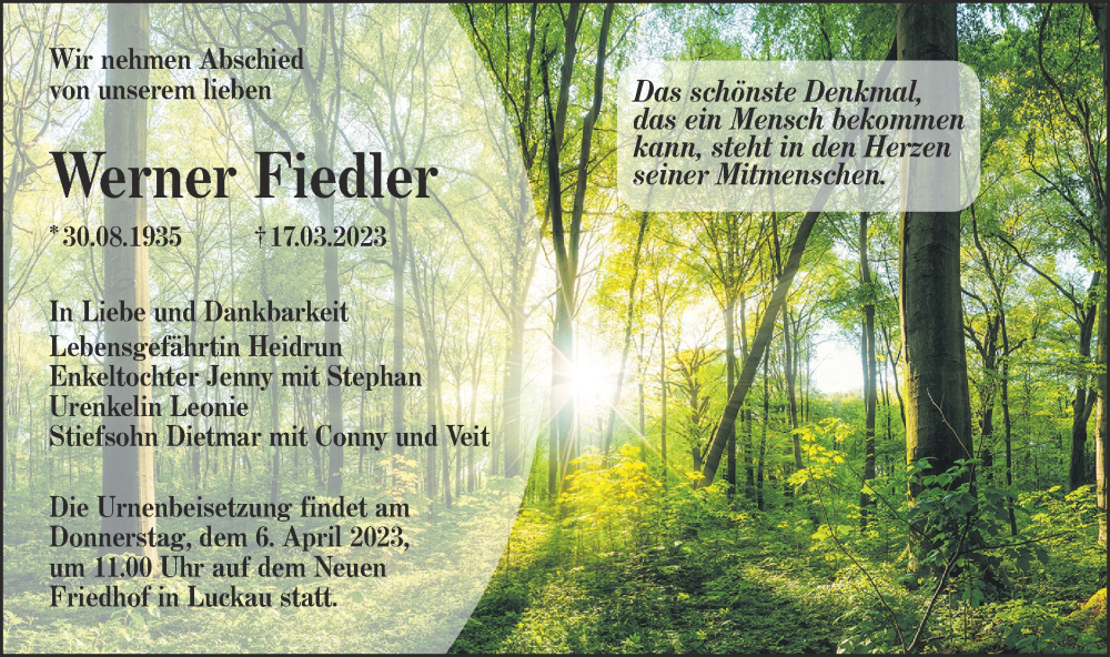  Traueranzeige für Werner Fiedler vom 25.03.2023 aus Lausitzer Rundschau