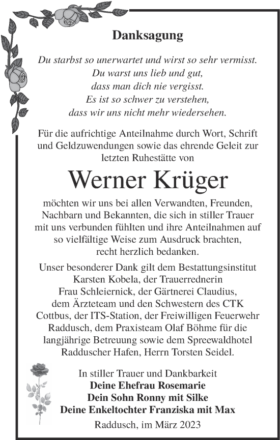 Traueranzeige von Werner Krüger von Lausitzer Rundschau