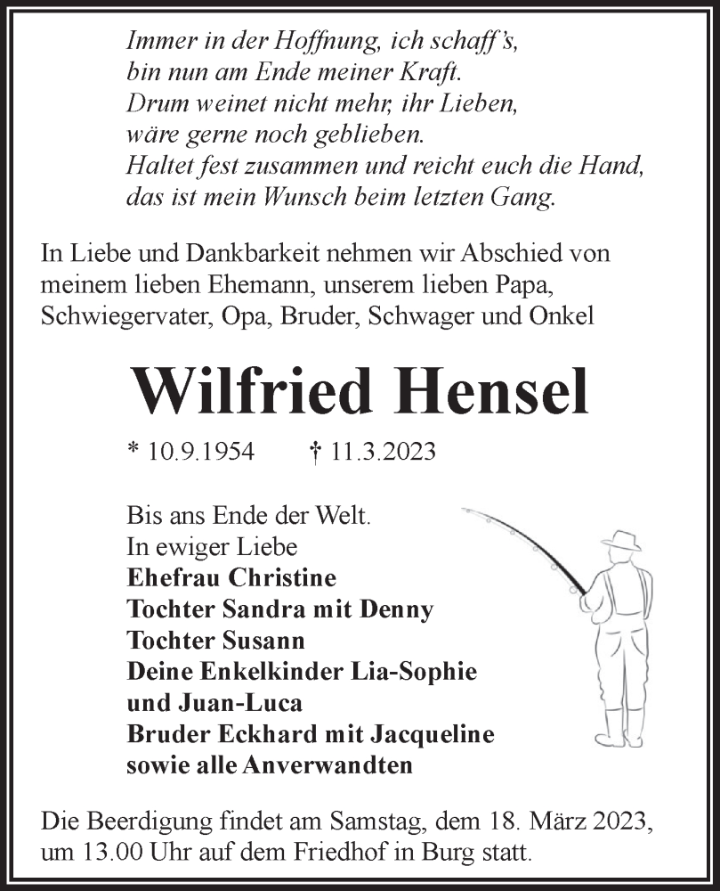  Traueranzeige für Wilfried Hensel vom 15.03.2023 aus Lausitzer Rundschau