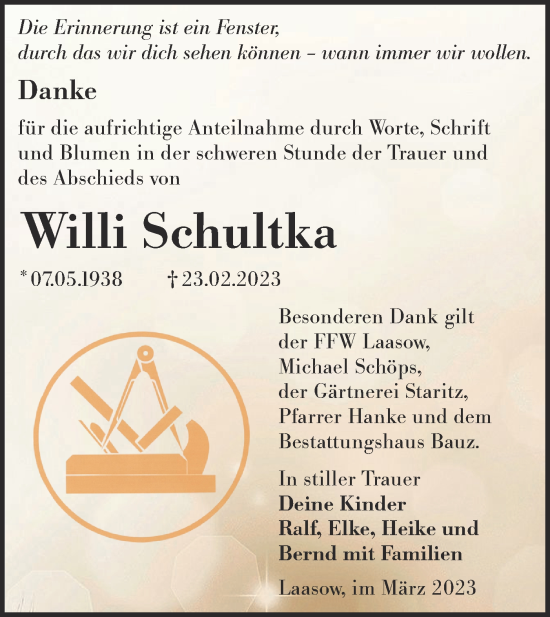 Traueranzeige von Willi Schultka von Lausitzer Rundschau