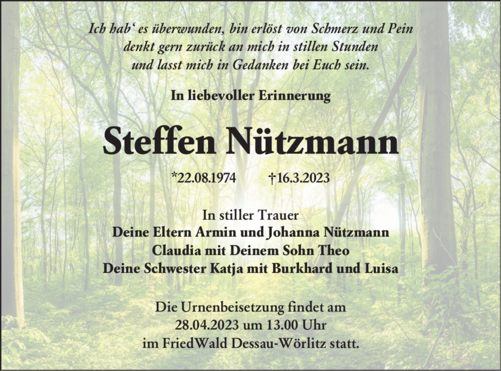  Traueranzeige für Steffen Nützmann vom 01.04.2023 aus Lausitzer Rundschau