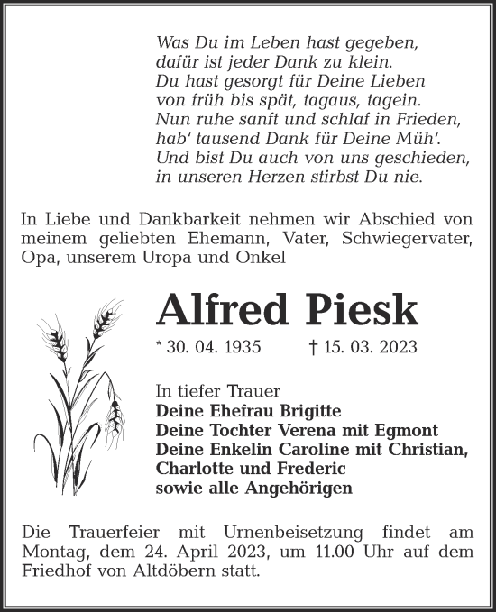 Traueranzeige von Alfred Piesk von Lausitzer Rundschau