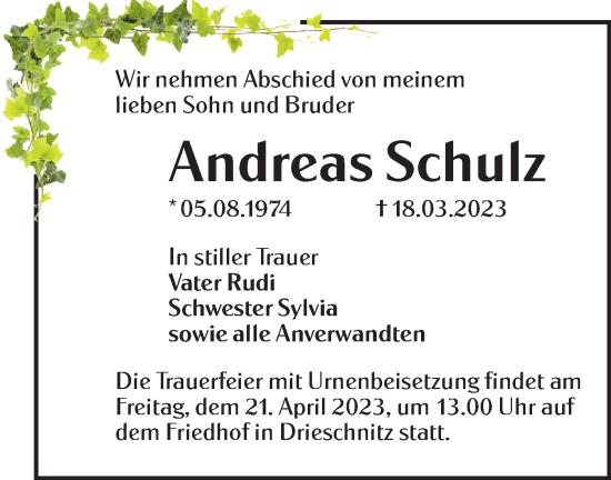 Traueranzeige von Andreas Schulz von Lausitzer Rundschau