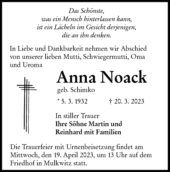 Traueranzeige von Anna Noack von Lausitzer Rundschau