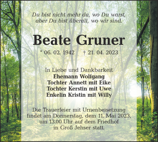 Traueranzeige von Beate Gruner von Lausitzer Rundschau