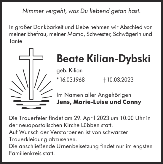 Traueranzeige von Beate Kilian-Dybski von Lausitzer Rundschau
