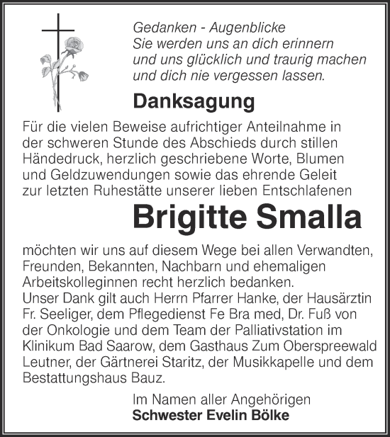 Traueranzeige von Brigitte Smalla von Lausitzer Rundschau