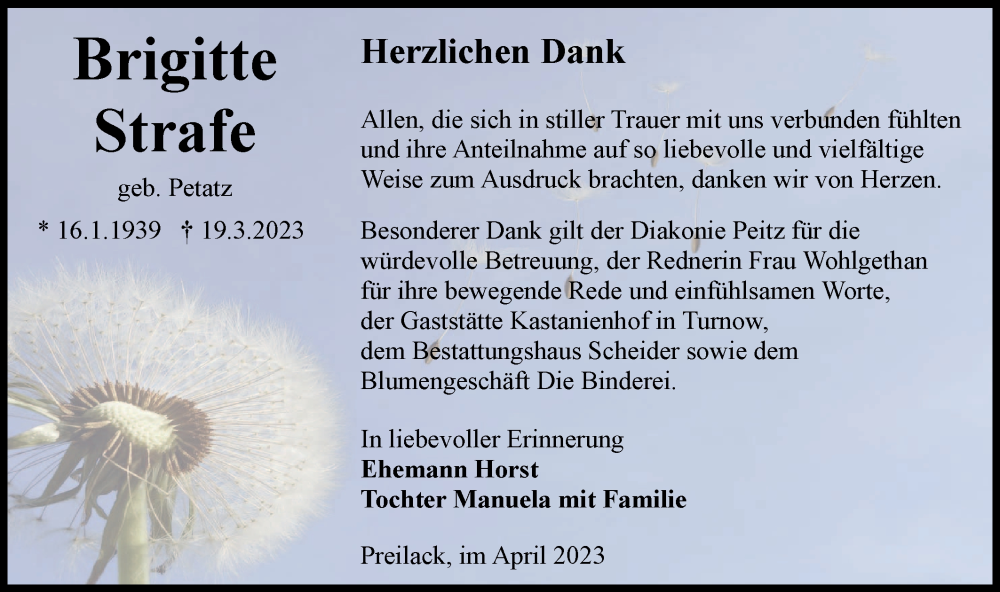  Traueranzeige für Brigitte Strafe vom 08.04.2023 aus Lausitzer Rundschau