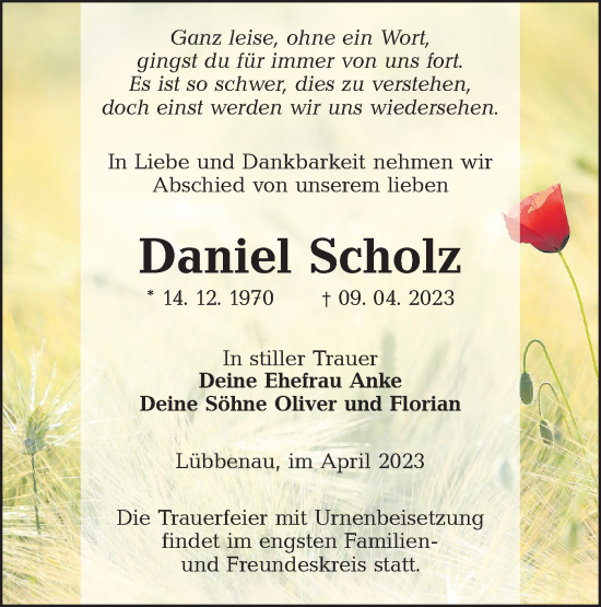 Traueranzeige von Daniel Scholz von Lausitzer Rundschau