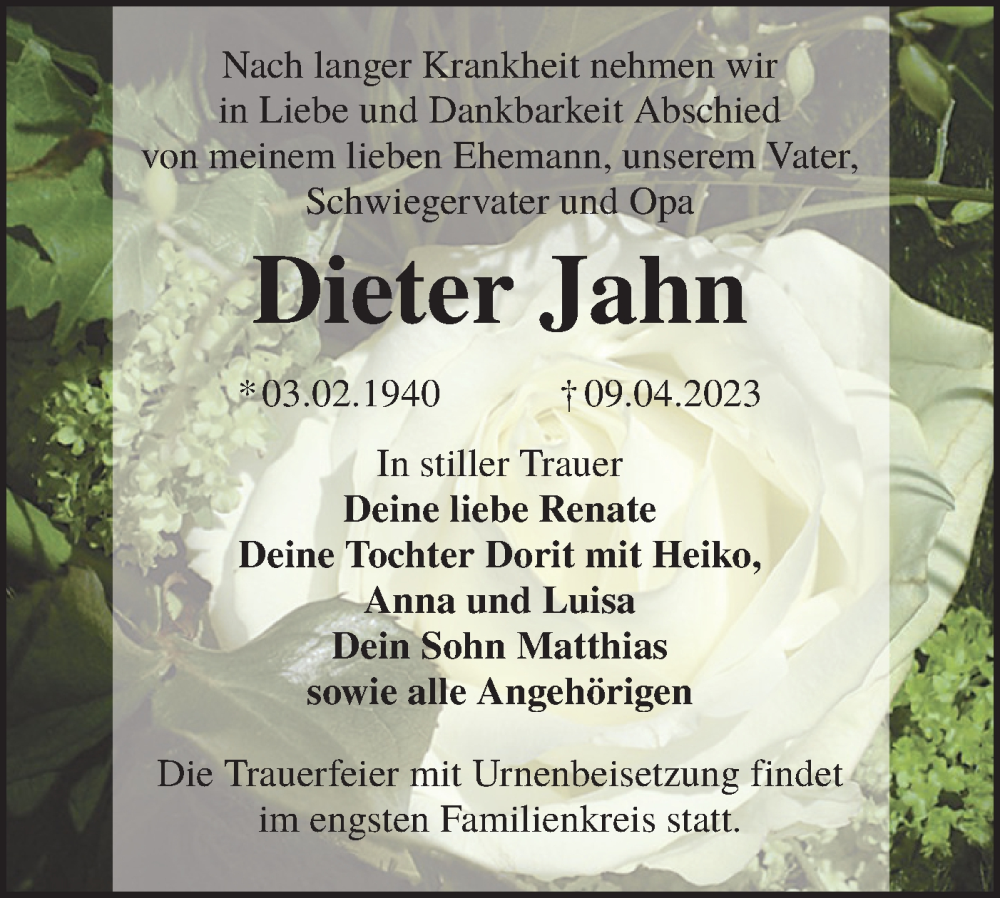  Traueranzeige für Dieter Jahn vom 22.04.2023 aus Lausitzer Rundschau