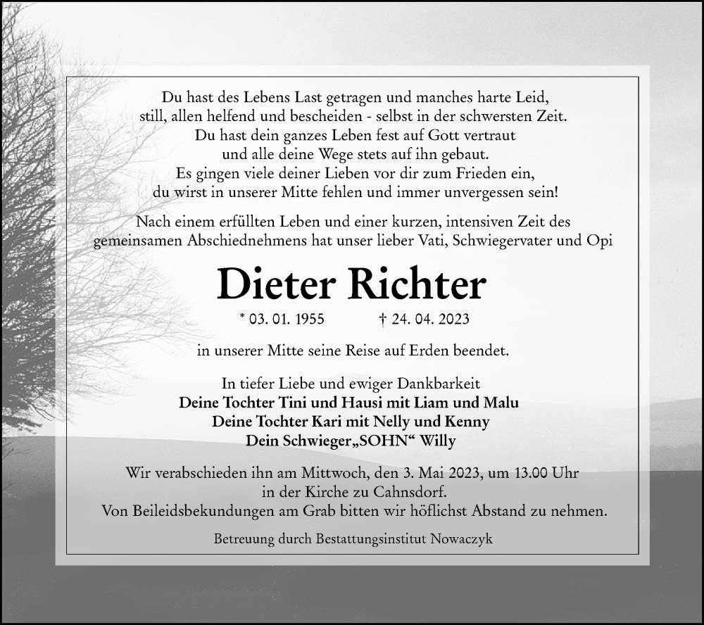  Traueranzeige für Dieter Richter vom 28.04.2023 aus Lausitzer Rundschau