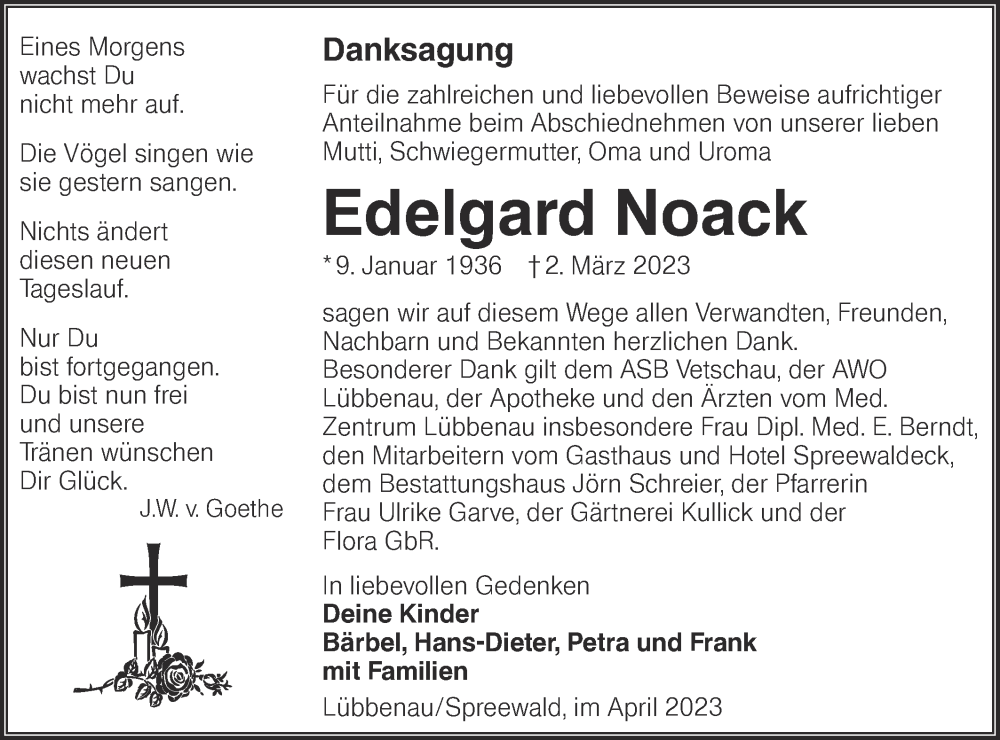  Traueranzeige für Edelgard Noack vom 15.04.2023 aus Lausitzer Rundschau